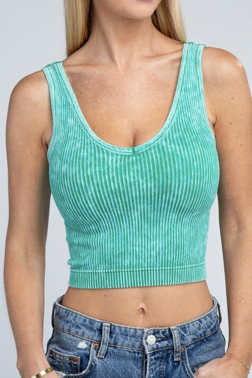 2-Way Neckline Washed Ribbed Cropped Tank Top - E2G World