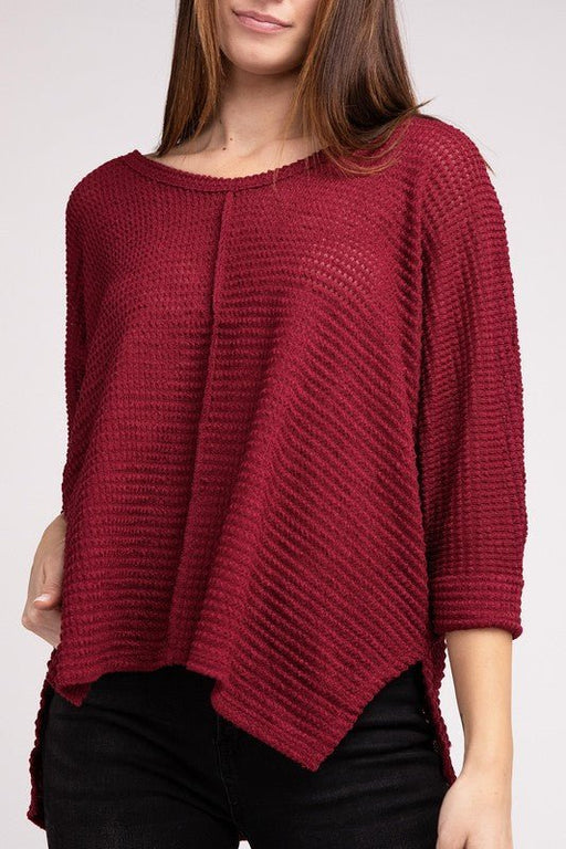 3/4 Sleeve V-Neck Hi-Low Hem Jacquard Sweater - E2G World
