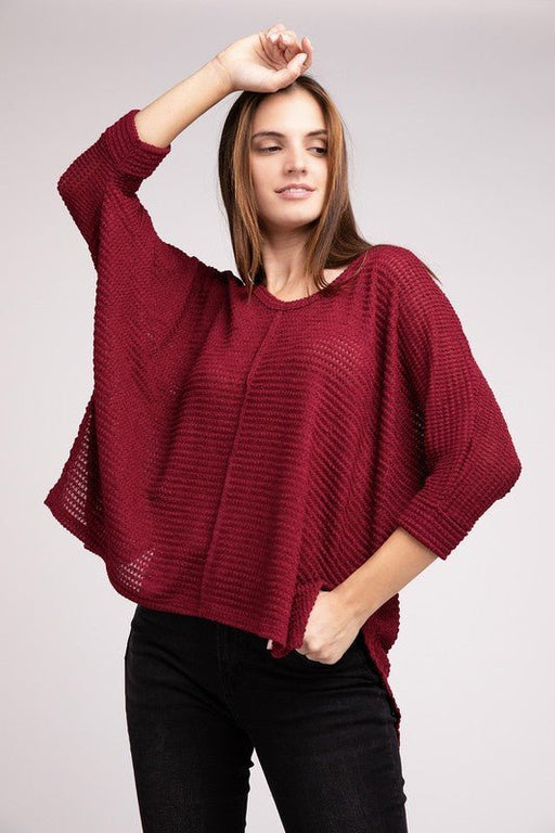 3/4 Sleeve V-Neck Hi-Low Hem Jacquard Sweater - E2G World