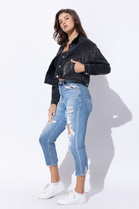 CROP DENIM JACKET WITH RHINESTONE FRINGE