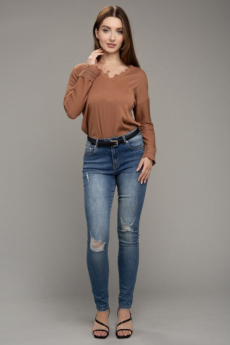 Lace Trim V Neck Long Sleeve Top