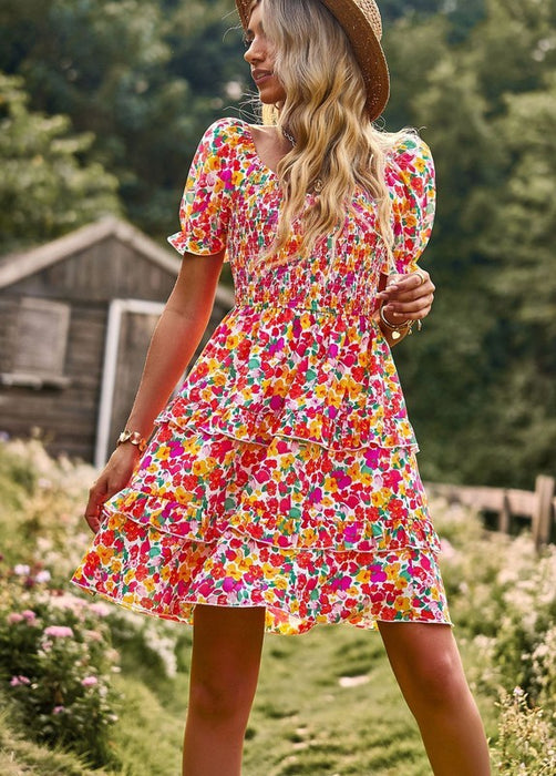 Women's Floral Wrap V-Neck Midi Dress Short Sleeve