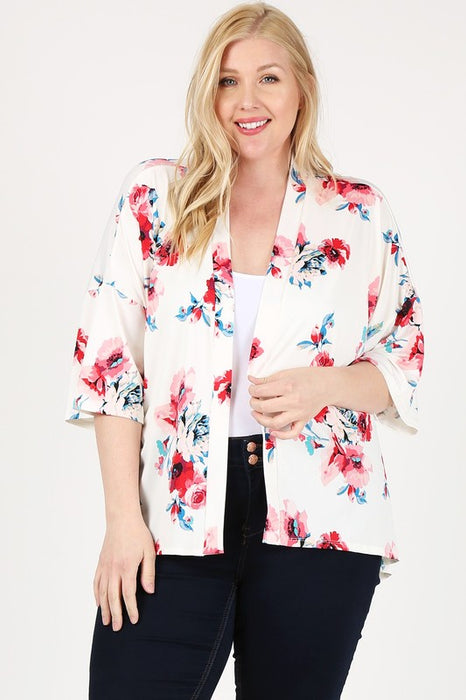 Plus Size Floral Short Sleeve Cardigan