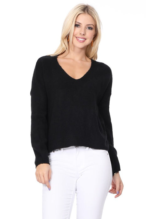 Wide V-Neck Oversized Sweater Top w. Side Slit