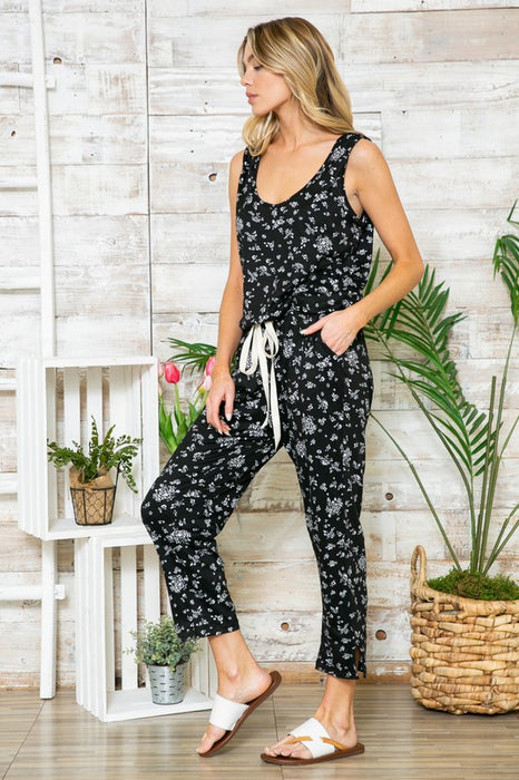 Plus Floral Sleeveless Drawstring Jumpsuit