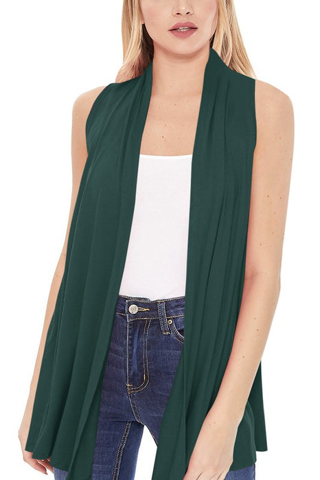 Solid, long body open front vest in a loose fit