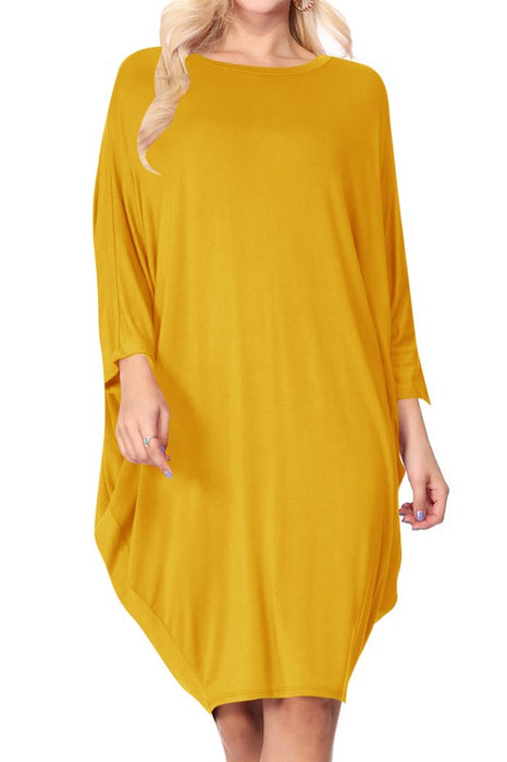 Solid knit dress Crew neck Long dolman sleeves