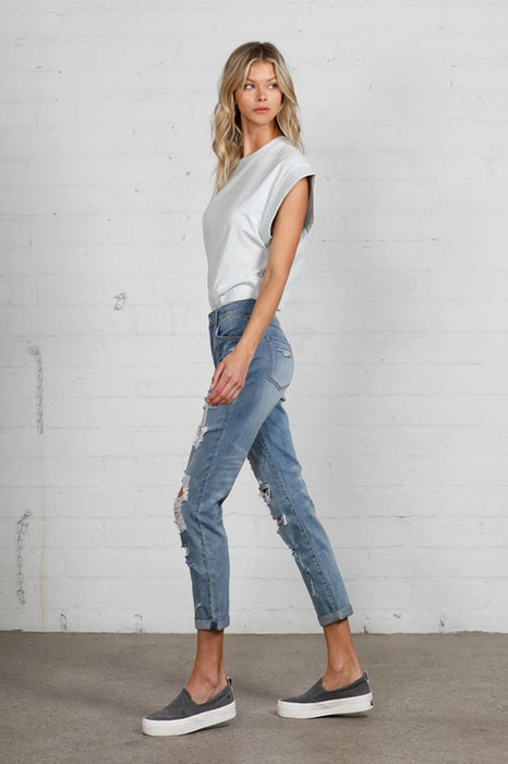 Mid Rise Heavy Destroyed Jeans