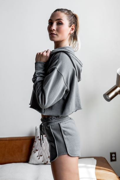 Grey Raw Edges Cropped Hoodie and Bottom Sets