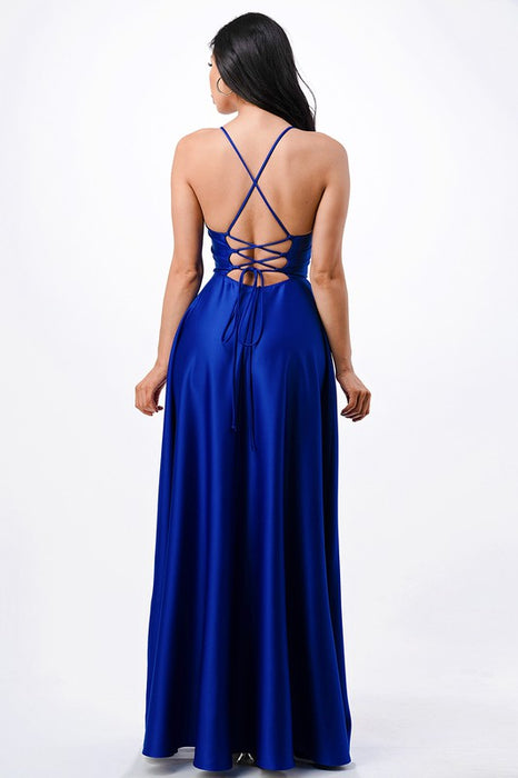 open side back spaghetti zig zag tie satin gown