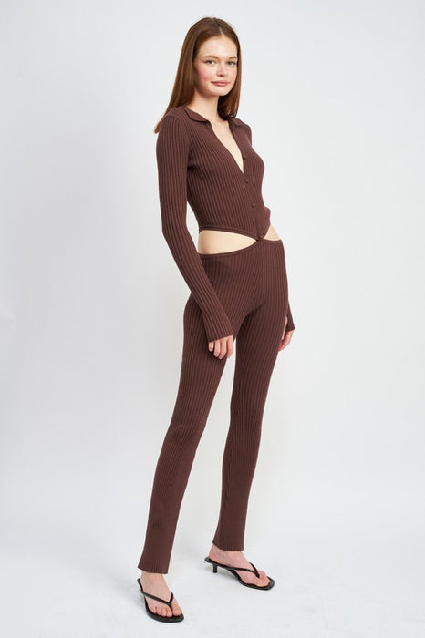 LONG SLEEVE BUTTON UP JUMPSUIT WITH SIDE CUT OUTS