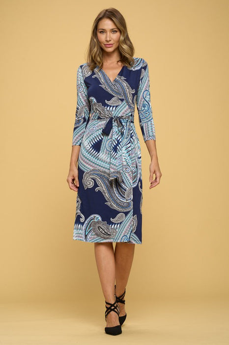 Print V neck Jersey Wrap Dress with Tie