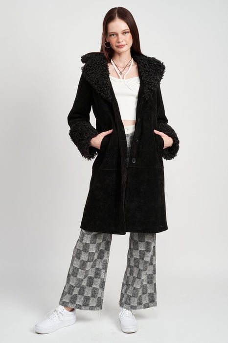 CORDUROY COAT WITH FAUX SHEARLING TRIM