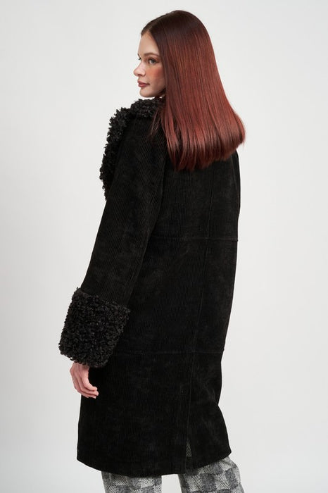 CORDUROY COAT WITH FAUX SHEARLING TRIM