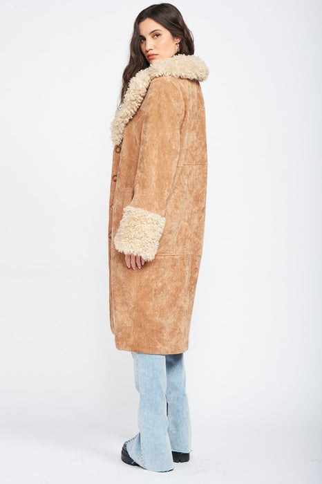 CORDUROY COAT WITH FAUX SHEARLING TRIM