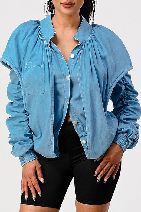 PUFF SHOULDER CASUAL DOUBLE LAYER SLEEVE JACKET