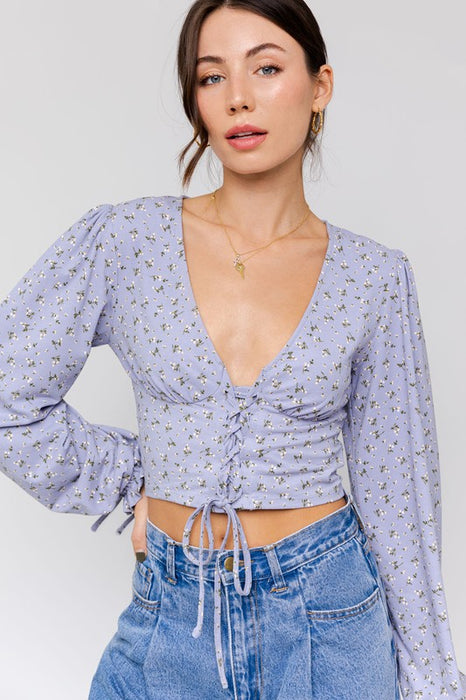 PUFF SLEEVE LACE UP V-NECK TOP