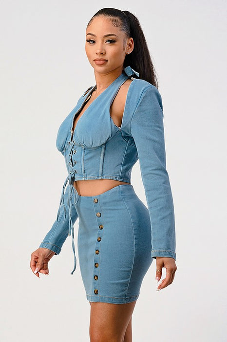 Denim top and skirt set