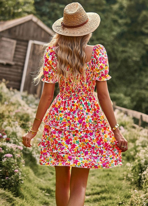 Women's Floral Wrap V-Neck Midi Dress Short Sleeve