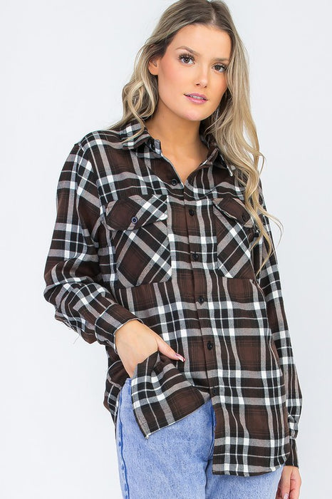 Boyfriend Fit Checker Plaid Flannel Long Sleeve