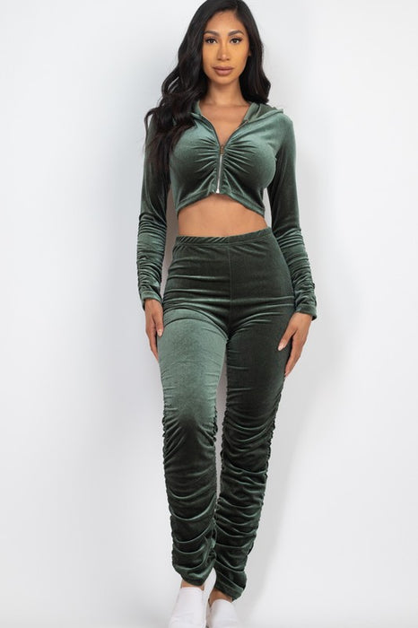 Velour Ruched Zip Up Jacket & Stacked Pants Set