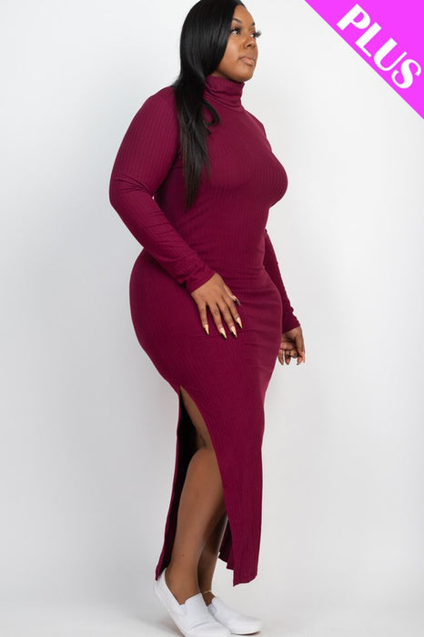 Plus Size Curvy Long Sleeve Side Slit Long Dress