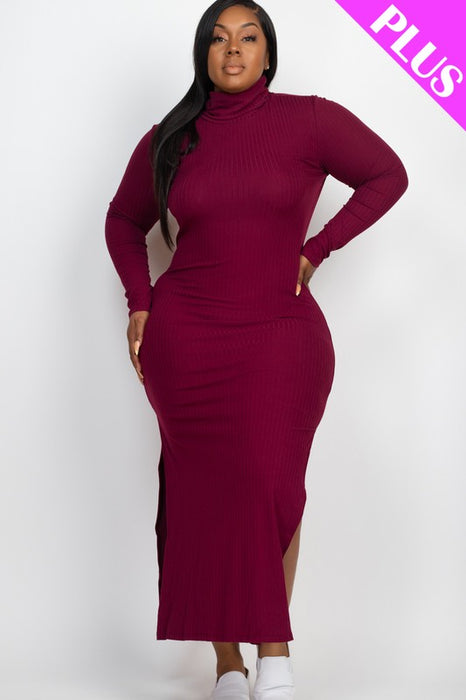 Plus Size Curvy Long Sleeve Side Slit Long Dress