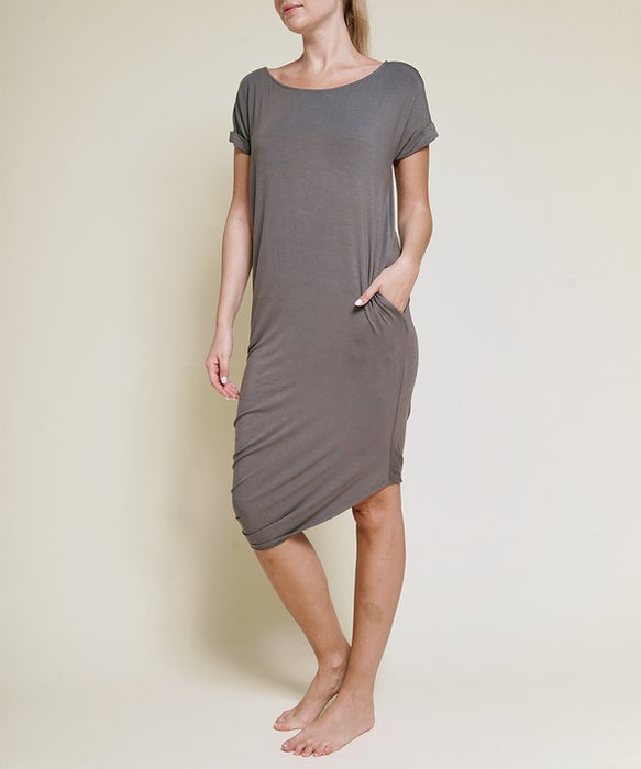 BAMBOO ASYMMETRIC DOLMAN DRESS WITH POCKETS