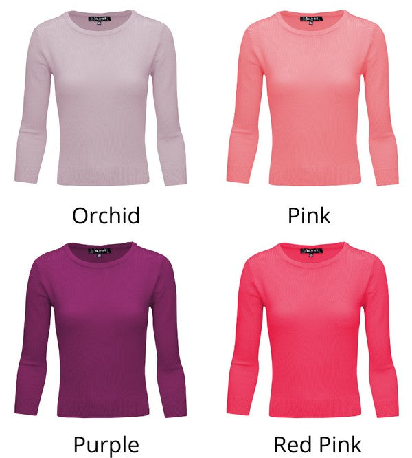 Crewneck 3/4 Sleeve Spandex Pullover Sweater