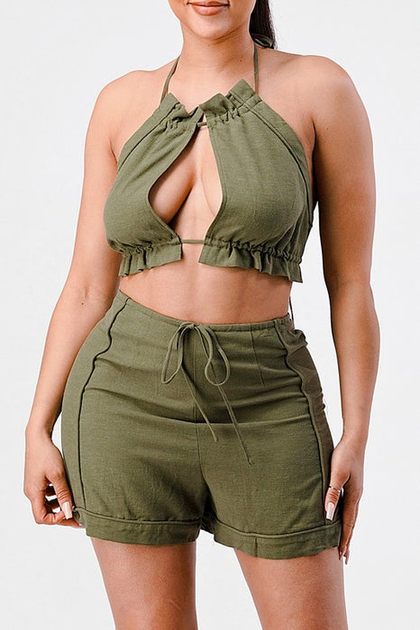 Sexy casual two pcs crop top and short set