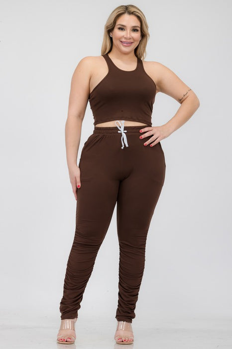 Plus Size Crop Tank Top & Ruched Pants Set