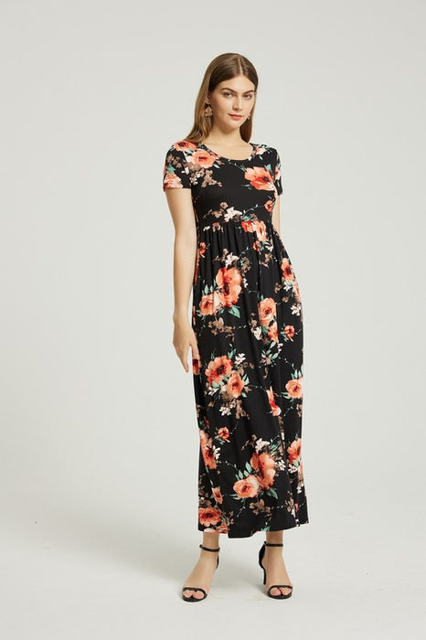 Womens Summer Casual Floral Maxi Dress With Pocket