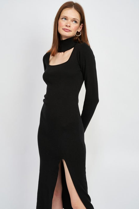 MOCK NECK MIDI DRESS WITH SLIT