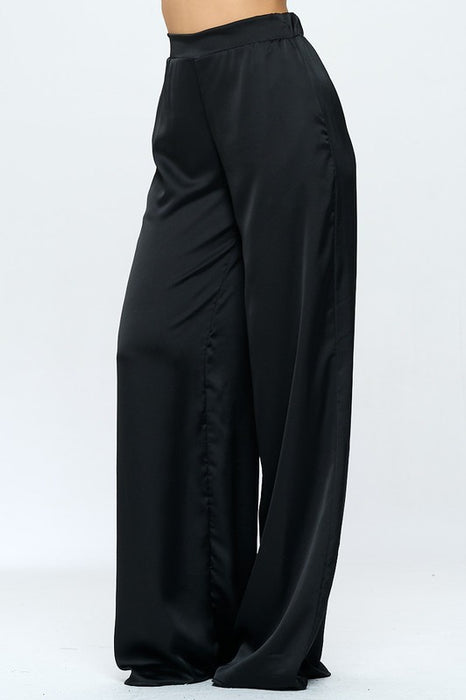 Stretch Satin Pants Elastic Waist and Pockets