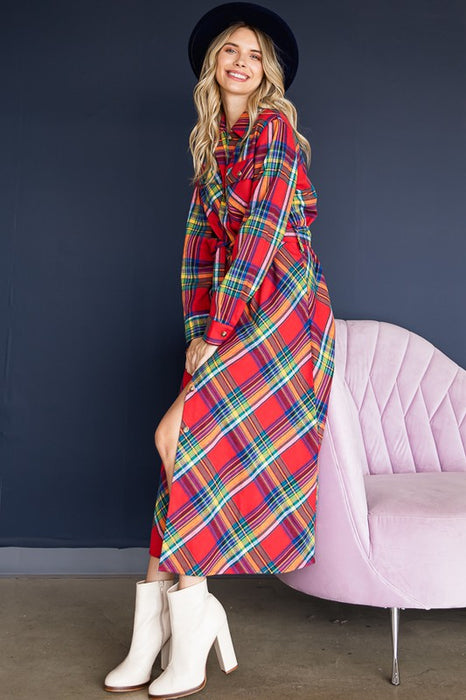 PLAID PRINT COLLAR LONG SHIRT DRESS