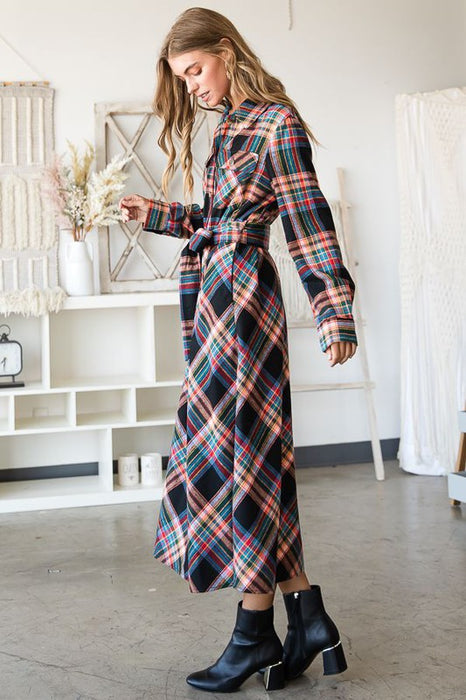 PLAID PRINT COLLAR LONG SHIRT DRESS