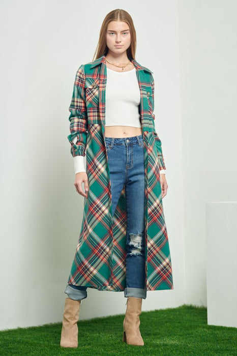 PLAID PRINT COLLAR LONG SHIRT DRESS