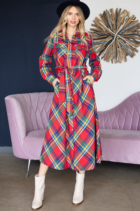 PLAID PRINT COLLAR LONG SHIRT DRESS