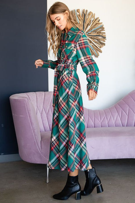 PLAID PRINT COLLAR LONG SHIRT DRESS