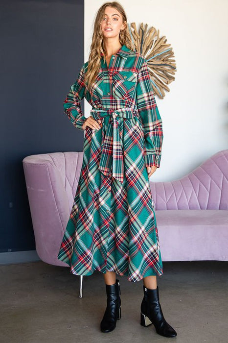 PLAID BELTED LONG SHIRT DRESS