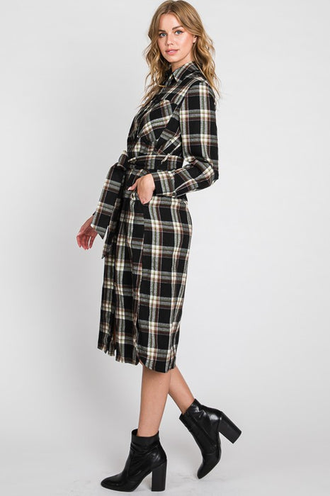 PLAID BELTED LONG SHIRT DRESS