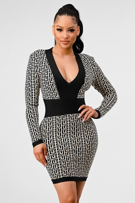 ATHINA BLACK AND WHITE PRINT BANDAGE DRESS