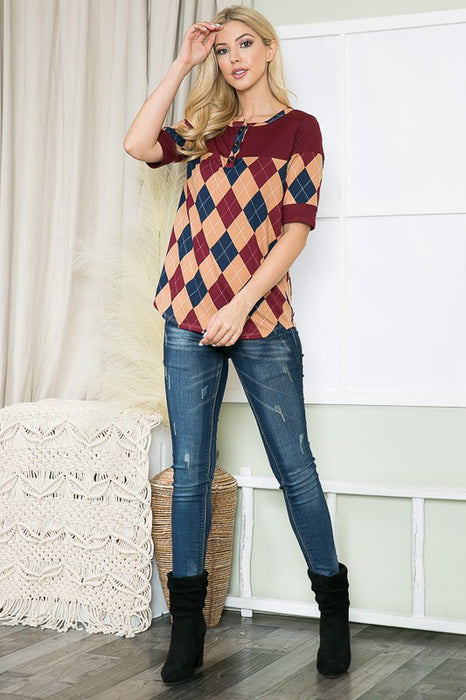 Argyle Print Button Front Jersey Top