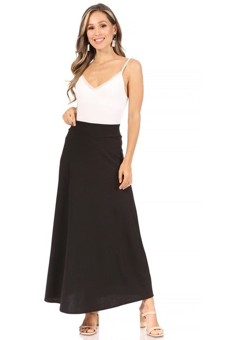 Solid, high waisted, A-line, midi skirt