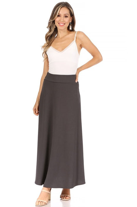 Solid, high waisted, A-line, midi skirt