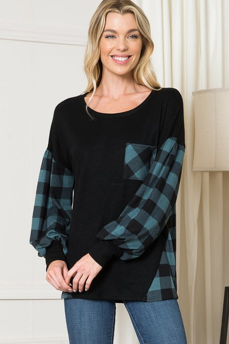 Plaid Contrast Bell Sleeve Sweater Knit