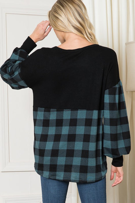 Plaid Contrast Bell Sleeve Sweater Knit