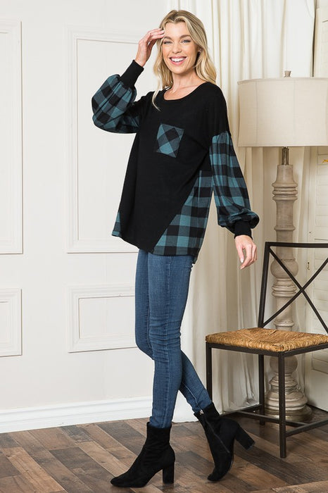 Plaid Contrast Bell Sleeve Sweater Knit