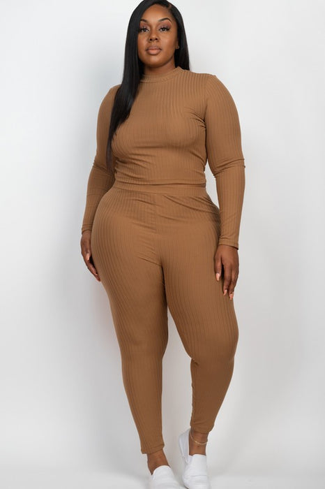 Plus Ribbed Mock Neck Long Sleeve Top&Leggings Set