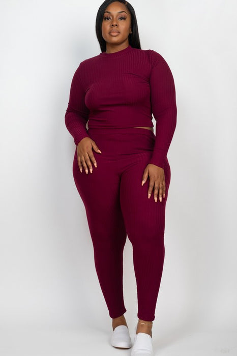 Plus Ribbed Mock Neck Long Sleeve Top&Leggings Set